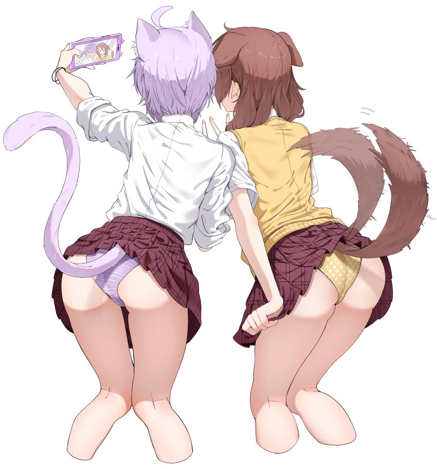 2girls ahoge arm_up ass_focus black_eyes bone bracelet brown_hair cat_ears cat_tail catgirl clothed dog_ears dog_girl dog_tail female female_only hairclip holding_object hololive hololive_gamers hololive_japan inugami_korone light-skinned_female light_skin long_hair nail_polish nekomata_okayu nyakokamen panties peace_sign phone polka_dot purple_hair purple_nails purple_panties rear_view school_uniform schoolgirl selfie sharp_fingernails short_hair striped_panties tail twintails upskirt virtual_youtuber yellow_panties