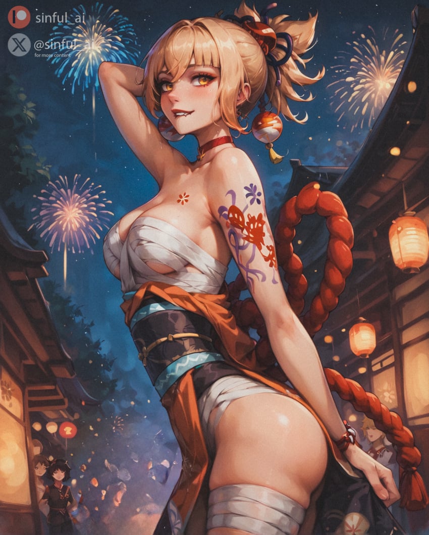 1girls ai_generated aisinful ass ass_focus blonde_hair breasts female female_only genshin_impact hi_res japanese_clothes kimono large_ass medium_breasts ponytail thick_thighs thighs wide_hips yoimiya_(genshin_impact)