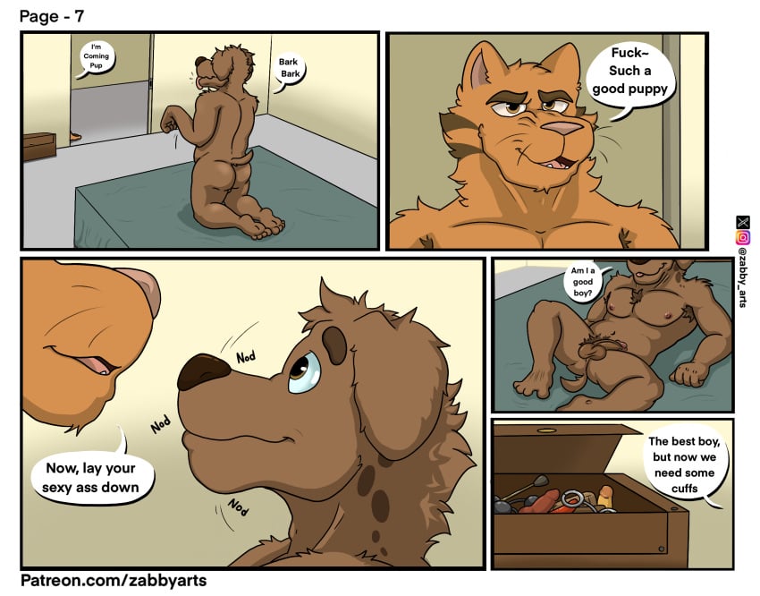 anthro armpit_hair ass bed blake_dog body_hair bound canid canine canis comic cougar dialogue domestic_cat domestic_dog duo english_text eyebrows felid feline felis furniture hi_res hyena male male/male mammal musk nipples nude text tony_cat vice zabby_arts