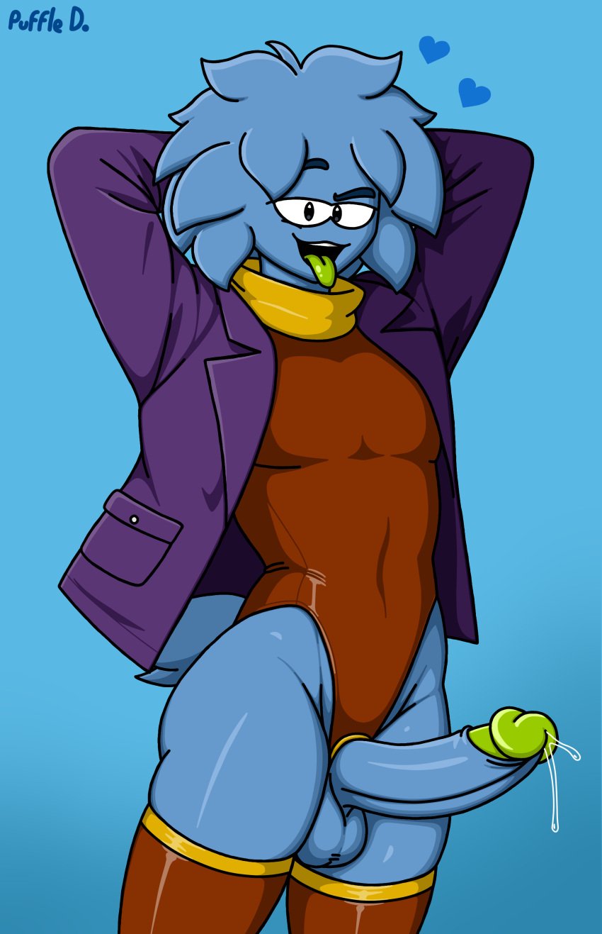 1gay 1male blue_fur gay gay_male gay_only jacket jacket_open leotard male male_only penis pose precum precum_on_penis puffle puffledreemurr seductive stockings thick_eyebrows tongue tongue_out turtleneck_leotard