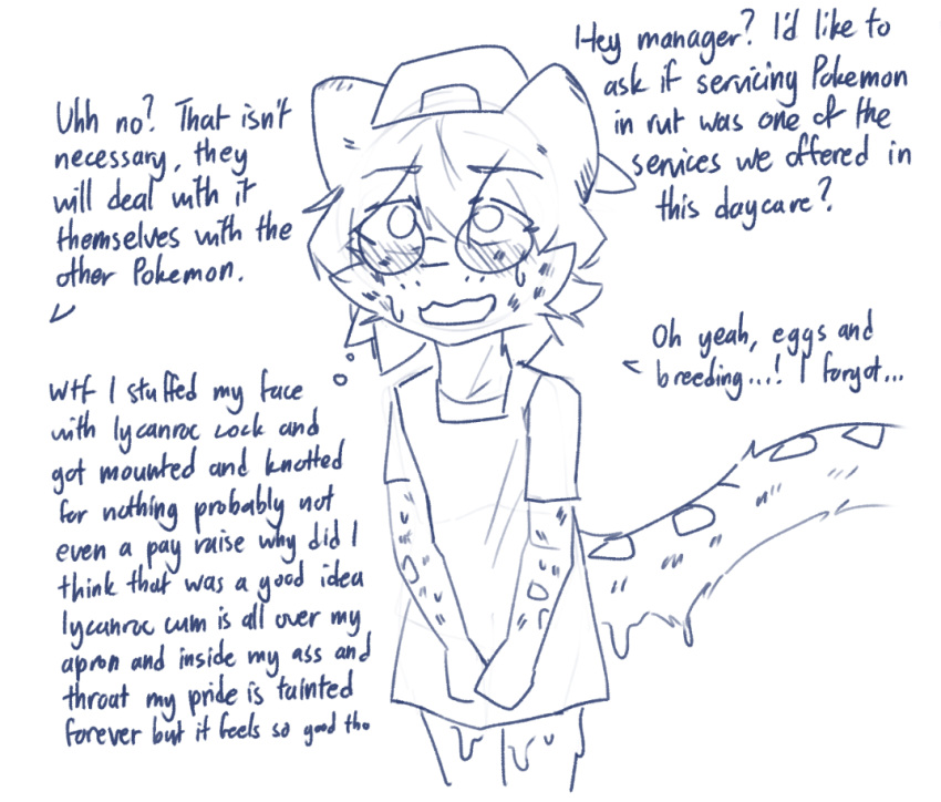 anthro apron backwards blue_and_white blush blush_lines bodily_fluids clothing cum cum_drip cum_on_clothing dialogue dripping english_text eyewear felid genital_fluids glasses hat headgear headwear kemono male mammal monochrome nintendo pantherine pokemon pokemon_daycare round_glasses shen_(snepause) simple_background snepause snow_leopard solo text
