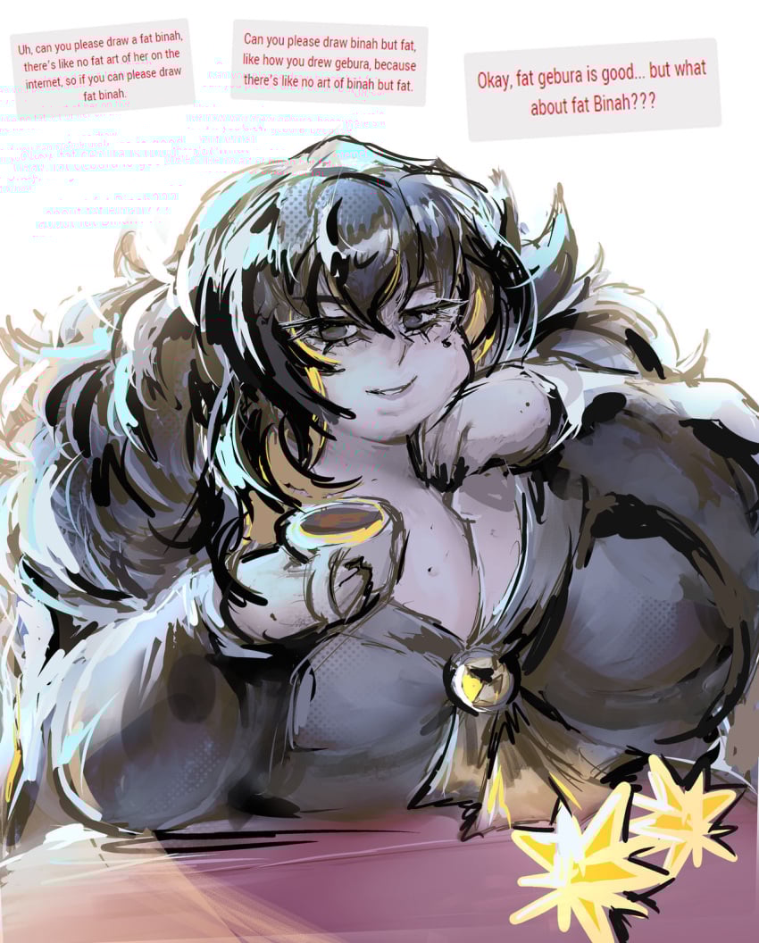 bbw binah black_hair chubby chubby_female female kekekekekekekk library_of_ruina multicolored_hair obese obese_female project_moon tea