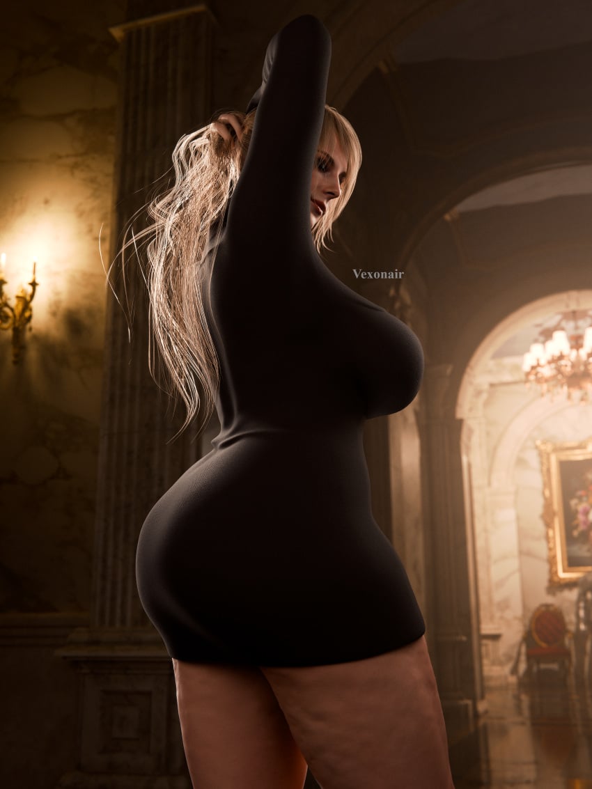 1girls 3d 3d_(artwork) ashley_graham ashley_graham_(ella_freya) big_ass big_breasts blonde_hair capcom curvaceous curvy_female dress female female_focus female_only holding_hair hourglass_figure huge_ass indoors large_breasts light-skinned_female light_skin minidress pawg ponytail resident_evil resident_evil_4 resident_evil_4_remake standing thick thick_thighs vexonair voluptuous voluptuous_female wide_hips