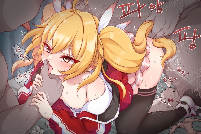 absurdres after_kiss ahoge all_fours black_thighhighs blonde_hair blue_archive blush breasts breasts_out collarbone daram_(shappydude) doggy_style dot_nose drooling fat fat_man female grabbing_another's_hair grabbing_another's_hand group_sex hair_between_eyes highres jacket kneehighs korean_text long_hair md5_mismatch mmf_threesome multiple_boys nipples no_bra pink_skirt pleated_skirt red_jacket sex sidelocks size_difference skirt small_breasts socks sound_effects straight sweat tearing_up thighhighs threesome tongue tongue_out translation_request twintails vaginal_penetration yellow_eyes yoshimi_(blue_archive) young
