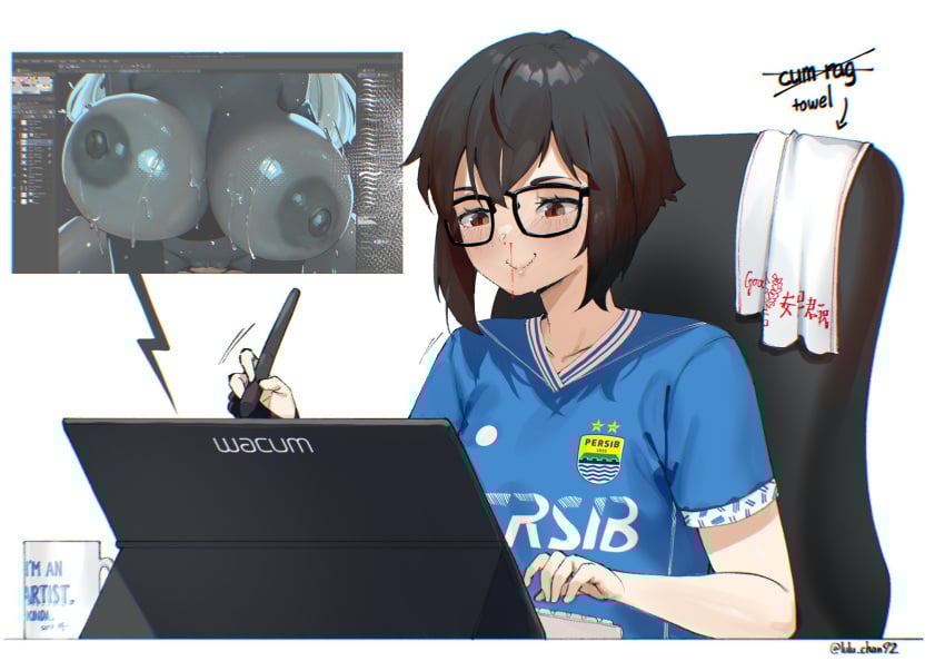 2girls artist_self-insert black-framed_eyewear black_hair blood blue_shirt bouncing_breasts brand_name_imitation breasts brown_eyes chair cowgirl_position cup dark-skinned_female dark_skin drawing_(action) drawing_tablet female head_out_of_frame highres huge_breasts keyblade long_hair lulu-chan92 mug multiple_girls nipples nosebleed office_chair original persib_bandung shirt short_hair short_sleeves sitting soccer_uniform sportswear straddling stylus sweat swivel_chair towel vaginal_penetration very_long_hair wacom white_hair