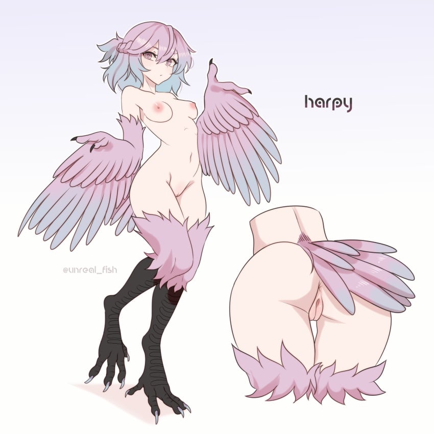 absurdres anus ass bird_legs bird_tail blue_hair breasts commentary completely_nude cropped_legs cropped_torso ev_v1l eyelashes feathered_wings feathers female from_behind full_body gradient_hair gradient_wings harpy highres looking_at_viewer medium_breasts medium_hair monster_girl multicolored_hair multicolored_wings multiple_views navel nipples nude original pink_feathers pink_hair pussy solo standing tail talons twitter_username white_background winged_arms wings