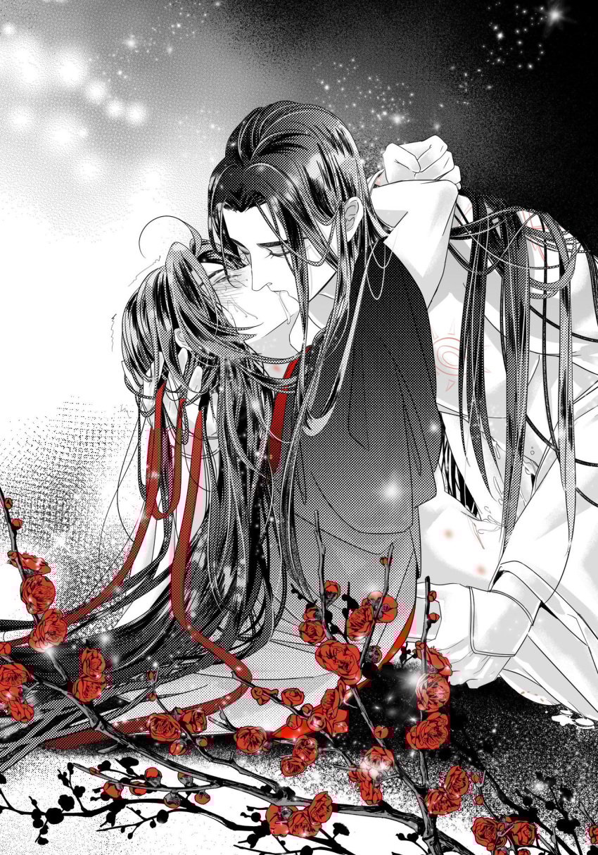 2boys ahoge alternate_hairstyle anal bbbeyonce099 bishounen blush bottomless branch chest_tattoo chinese_clothes closed_eyes clothes_down couple cum cum_in_ass cumdrip flower hair_down hair_ribbon hand_in_another's_hair hand_on_another's_back hand_on_another's_neck hanfu hickey highres holding holding_another's_hair holding_ribbon hug implied_sex kissing lan_wangji long_hair long_sleeves male male_focus modao_zushi monochrome multiple_boys red_flower red_ribbon ribbon robe saliva saliva_trail sex spot_color tattoo topless_male wei_wuxian wei_wuxian_(yiling_laozu) wide_sleeves yaoi