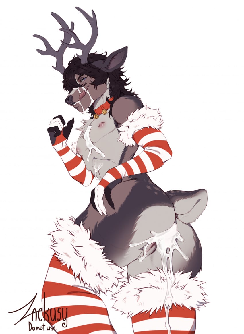 andromorph anthro antlers armwear bell bell_collar bodily_fluids brown_body brown_fur christmas christmas_armwear christmas_clothing christmas_legwear clothing collar cum cum_on_body cum_on_face deer fur genital_fluids genitals hi_res holidays horn intersex jingle_bell jingle_bell_collar legwear looking_at_viewer lying mammal markings multicolored_body multicolored_fur new_world_deer on_side pussy reindeer scut_tail short_tail solo spots spotted_body spotted_fur tail thigh_highs tongue white_body white_fur zackusy