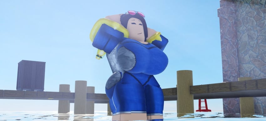 1girls 3d arms_up arsenal_(rolve) ass beach big_ass big_breasts blue_swimsuit breasts brown_hair closed_eyes clothed clothed_female crate female female_only floatie outside pale-skinned_female pale_skin pier pinkishpinkas rabblerouser_(rolve) red-tinted_eyewear roblox roblox_game robloxian rolve short_hair sky smile solo solo_female standing standing_in_water sunglasses sunglasses_on_head swimsuit thick_thighs water