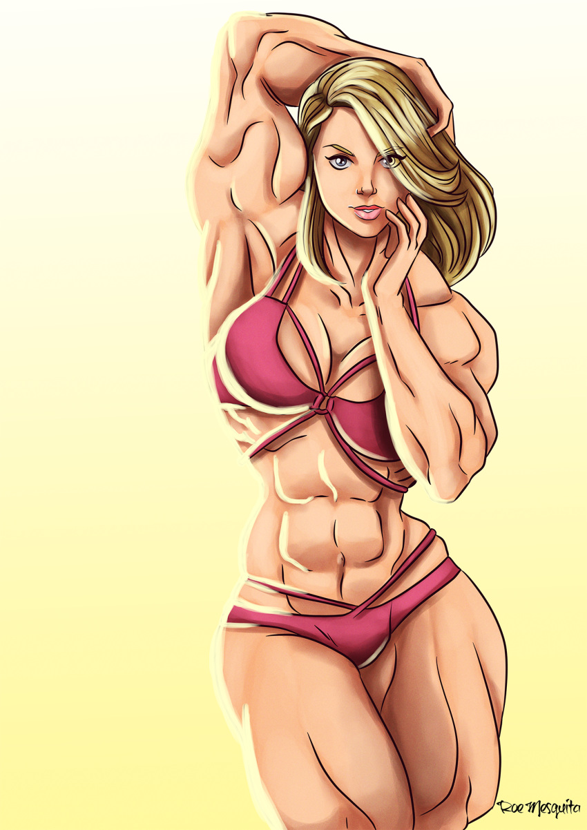 abs bikini blonde_hair blue_eyes breasts extreme_muscles female gradient_background looking_at_viewer muscles muscular muscular_female pose roemesquita solo solo_female yellow_background