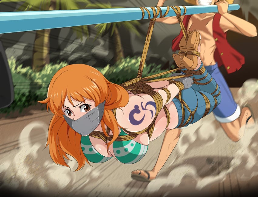 2d 2d_(artwork) artist_request bikini bondage bound breasts clothing female female_focus femsub jeans light-skinned_female light_skin long_hair male monkey_d_luffy nami_(one_piece) one_piece orange_hair rope rope_between_breasts rope_bondage tape tape_gag taped_mouth