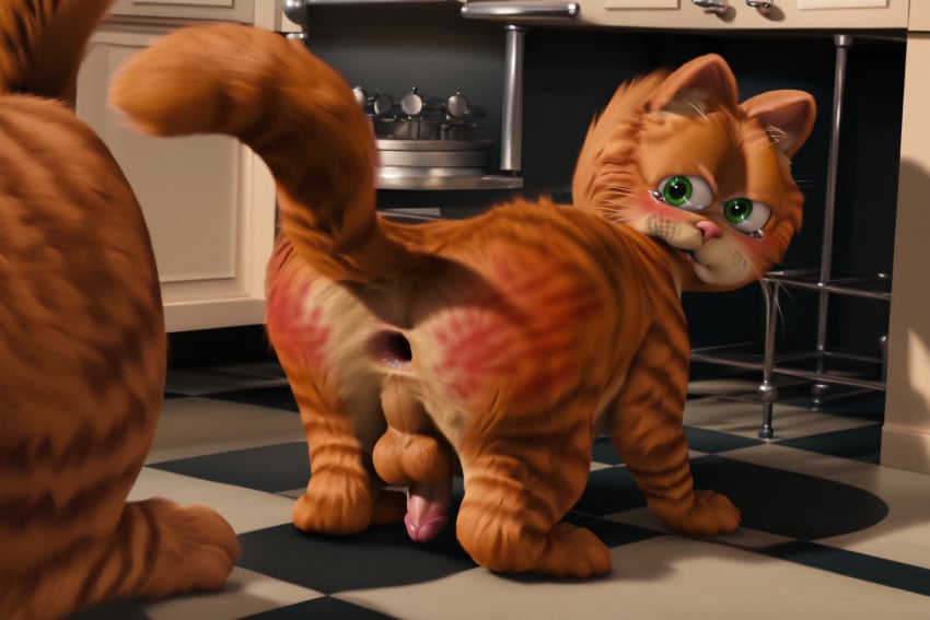 ai_generated all_fours anthro balls crying feline gaping_anus garfield_(series) garfield_the_cat kitchen male penis punishment raised_tail ready_for_more spank_marks