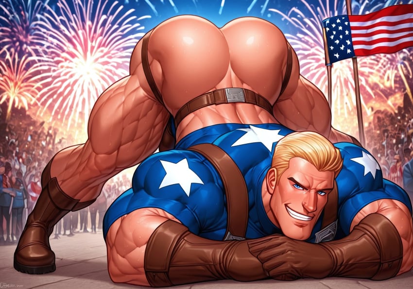 ai_generated american_flag ass ass_focus ass_up bara big_ass big_biceps big_butt blonde_hair bubble_butt butt_focus captain_america crowd crowd_watching exhibitionism face_down_ass_up fireworks harness jack-o_pose jockstrap looking_at_viewer male male_focus male_only marvel marvel_cinematic_universe marvel_comics muscles muscular_arms muscular_legs muscular_male muscular_thighs patriotic_clothing presenting presenting_ass presenting_hindquarters public revealing_clothes steve_rogers yaoi