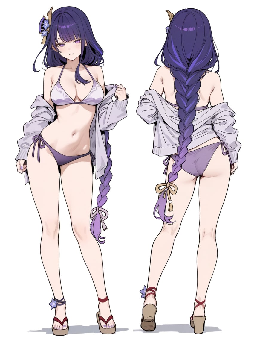 1girls 2d 2d_(artwork) ai_generated alternate_costume artist_request back back_view bikini bikini_bottom bikini_top bra braided_hair female female_focus female_only front_view full_body genshin_impact high_resolution highres hourglass_figure hoyoverse light-skinned_female light_skin long_hair looking_at_viewer mature mature_female mihoyo purple_eyes purple_hair raiden_shogun sandals simple_background slim_girl smiling smiling_at_viewer solo solo_female solo_focus standing swimsuit thong thong_bikini two_piece_swimsuit white_background