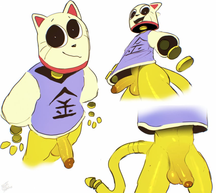 1boy 2025 absurd_res anthro anthro_only artist_name artist_signature ass balls bottomless boy cat_tail dream_bbq ena_(series) feline floating_hands floating_head genitals gold_(metal) kane_(dream_bbq) kane_(ena) male male_only meat_shaq penis penis_focus shirt tagme tail testicles topwear white_background yellow_body