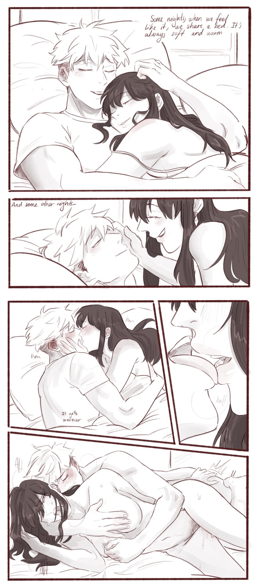 1boy 1boy1girl 1girls arms_around_partner bed bed_sheet black_hair blonde_hair blush breasts close-up closed_eyes comic completely_nude cuddling ear_blush earrings english_text erect_nipples female_penetrated female_pubic_hair french_kiss from_behind full-face_blush fully_clothed greyscale half-closed_eyes hand_on_another's_face hand_on_another's_head hand_on_another's_thigh happy_sex highres husband_and_wife ijessbest imminent_sex implied_penetration in_bed kissing lighting loid_forger long_hair looking_at_partner looking_back looking_pleasured lying lying_on_back lying_on_bed lying_on_side lying_on_stomach male_penetrating male_penetrating_female married_couple moaning monochrome muscular muscular_male narration nipple_pinch nipple_tweak nipples one_eye_closed pubic_hair pussy_juice pussy_juice_drip romantic romantic_couple slight_blush smile spy_x_family straight sweat toned toned_female under_covers vaginal_penetration visible_breath wholesome yor_briar yor_forger