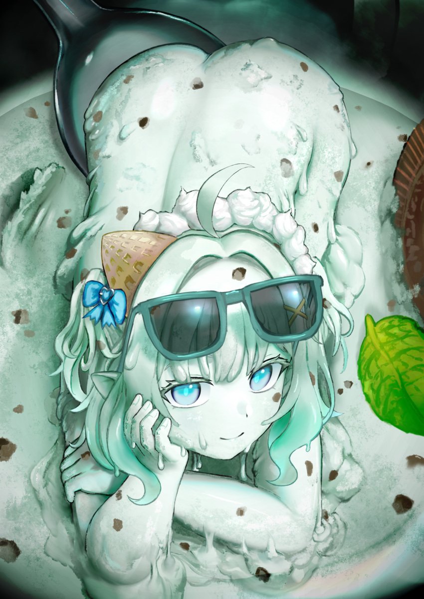 1girls ahoge artist_request ass big_ass blue_eyes chocolate_chips completely_nude cream elf_ears eyewear_on_head female food_creature glasses green_hair head_on_hand ice_cream ice_cream_girl living_food looking_at_viewer mint_fantome on_all_fours pointy_ears seductive seductive_look spoon sunglasses tagme tagme_(artist) thighs virtual_youtuber vtuber waffle