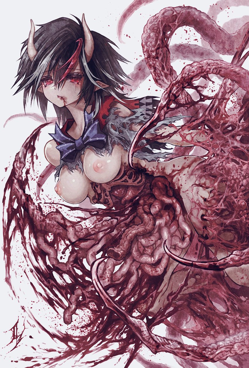 absurdres badass black_hair blood blood_on_face blue_bow blue_bowtie bow bowtie breasts commission crying crying_with_eyes_open entrails feet_out_of_frame female gore guro hair_between_eyes highres horns intestines kijin_seija large_breasts looking_at_viewer multicolored_hair nipples open_mouth organs pointy_ears r18g red_eyes red_hair ribs shirt short_hair skeb_commission solo stomach_(organ) streaked_hair tears tentacle torn_clothes torn_shirt touhou white_background white_horns yu-ki_iwata