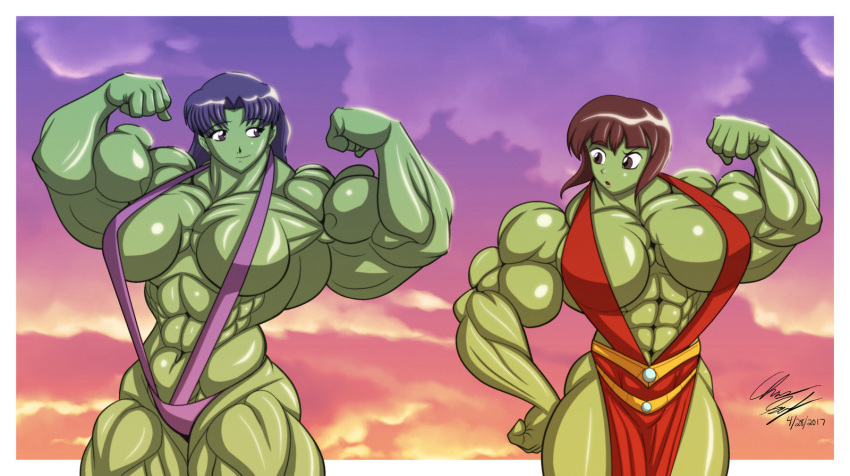 2girls abs biceps bikini blue_eyes blue_hair breasts brown_eyes brown_hair clothing crossover dress extreme_muscles female female_only flexing flexing_bicep flexing_both_biceps green_skin hulked_out large_breasts lunardiaries misato_katsuragi multiple_girls muscles muscular muscular_female nabiki_tendo neon_genesis_evangelion purple_hair ranma_1/2 sling_bikini swimsuit