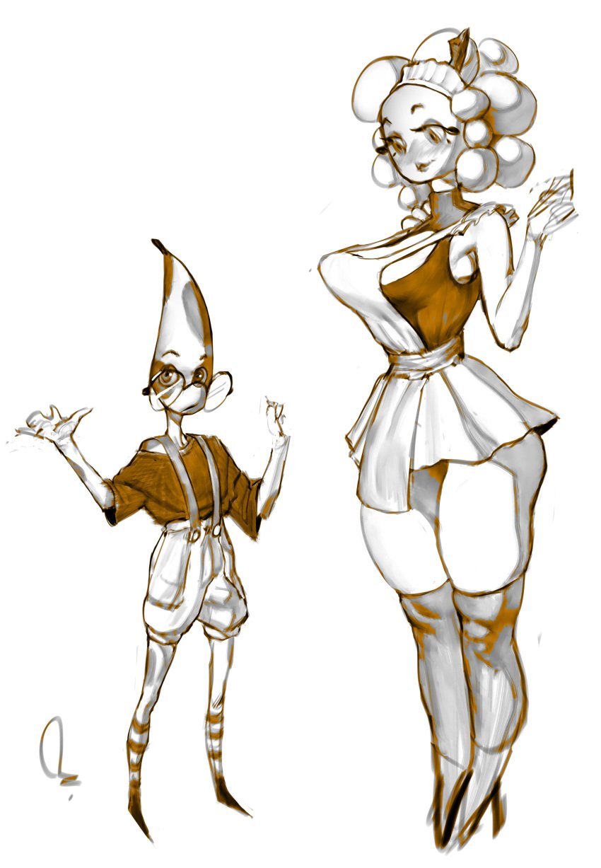 1boy 1girls 2024 apron banana big_breasts blush blushing_female clothed curvy curvy_body curvy_female curvy_figure extinctyellow eyelashes female fruit_humanoid glasses grapes high_heels kneehighs looking_at_another maid_uniform male monochrome original original_character round_glasses sfw skirt smaller_male suspenders taller_girl thick_thighs watermark white_background wide_hips