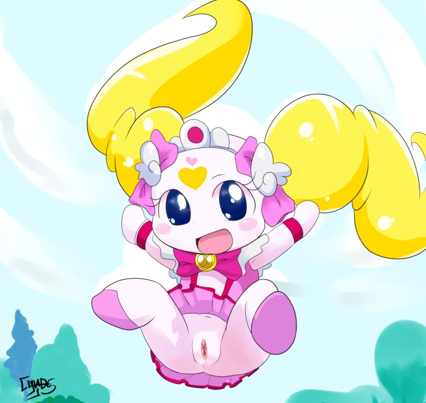 blonde_hair bottomless candy_(smile_precure) clitoris clothed clothing clyndemoon cure_candy dress female genitals happy hi_res humanoid long_hair looking_at_viewer magical_girl open_mouth pretty_cure pussy smile_precure solo twintails young