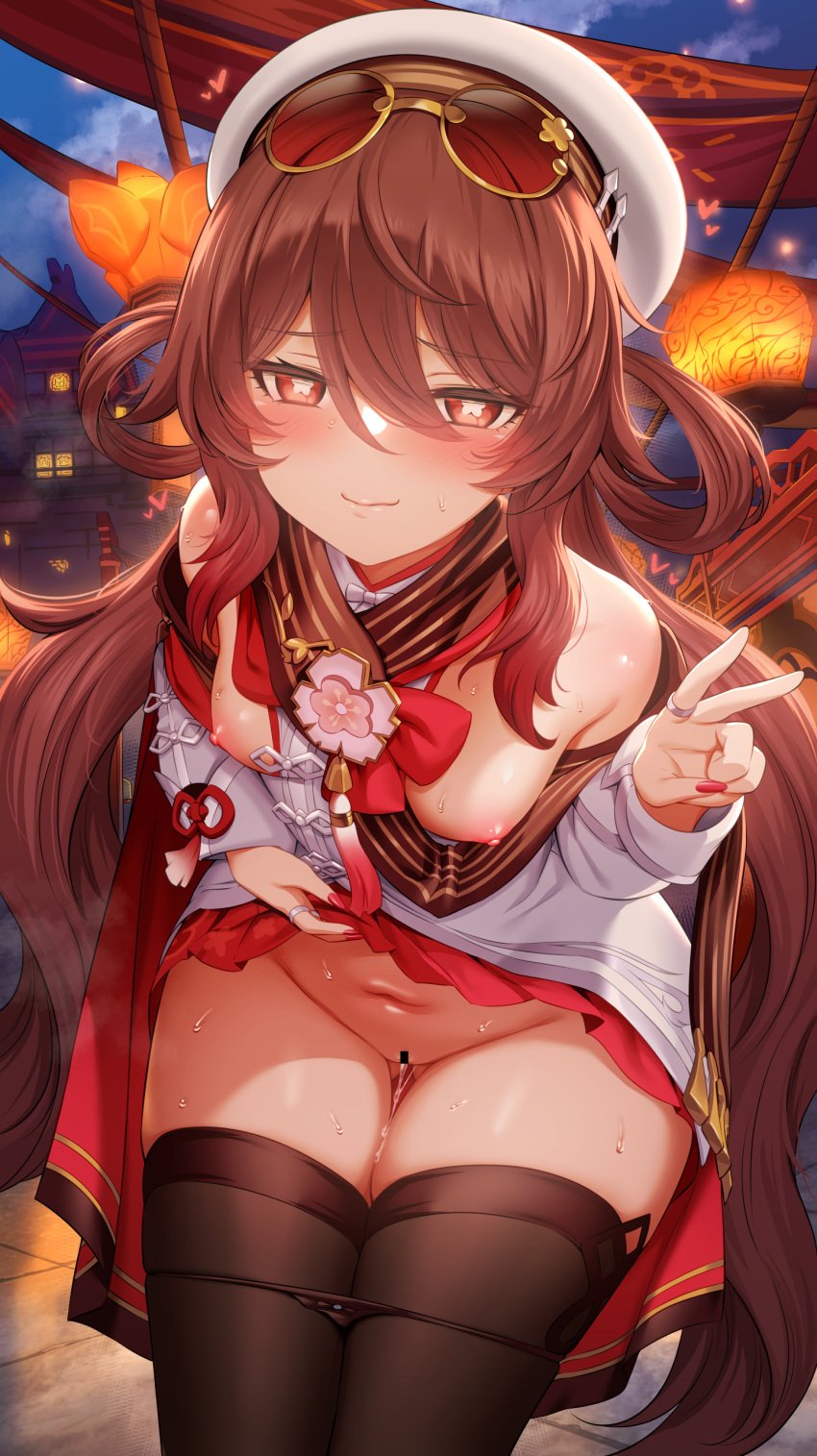 absurdres ass_visible_through_thighs blush breasts brown_hair censored chinese_clothes closed_mouth clothes_lift dress dress_lift eyewear_on_head female flower-shaped_pupils genshin_impact hair_between_eyes hat highres hu_tao_(cherries_snow-laden)_(genshin_impact) hu_tao_(genshin_impact) jewelry lifting_own_clothes long_hair long_sleeves looking_at_viewer m-da_s-tarou navel official_alternate_costume panties pussy red_eyes ring round_eyewear small_breasts smile solo sunglasses symbol-shaped_pupils thigh_gap thighhighs thighs twintails underwear v