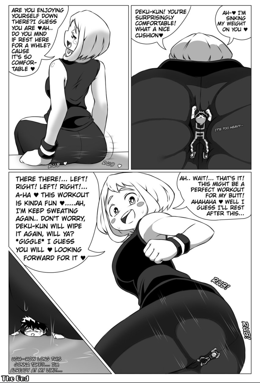 butt_crush canon_couple dialogue facesitting giantess gtstamago izuku_midoriya larger_female my_hero_academia ochako_uraraka post_workout smaller_male sweaty_body