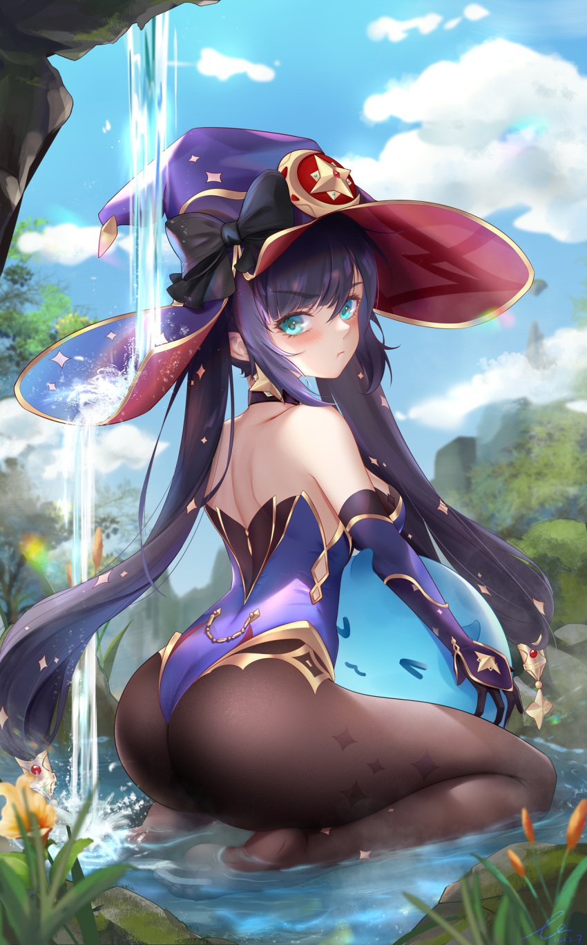 :t aqua_eyes ass bangs black_gloves black_hair black_legwear breasts cloud earrings eyebrows_visible_through_hair facing_away female flower genshin_impact gloves hair_ornament hat highres holding in_water jewelry kneeling leotard long_hair looking_at_viewer looking_back maruko_le medium_breasts mona_(genshin_impact) no_shoes outdoors pantyhose pout shiny shiny_clothes shiny_hair sideboob sky slime_(genshin_impact) slime_monster slime_sex smile solo twintails water waterfall wet wet_clothes witch_hat