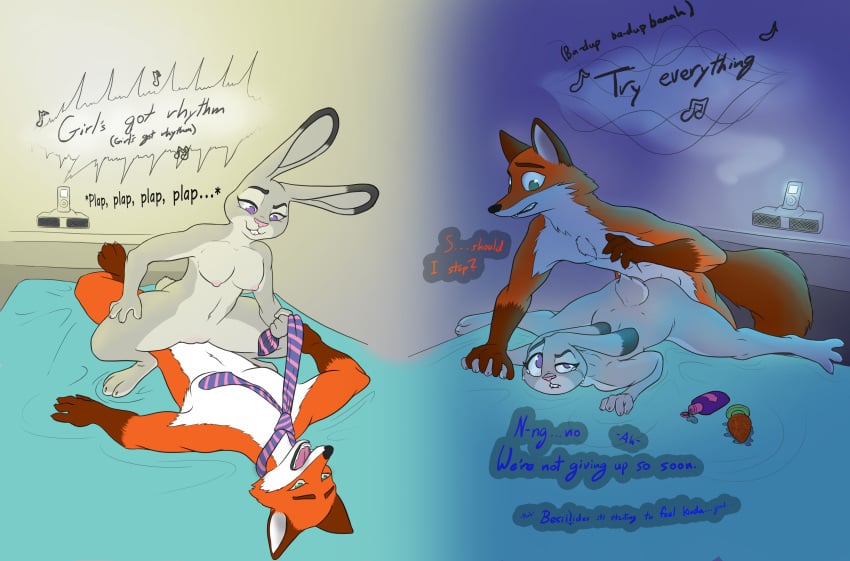 2017 anal anthro buttplug canine colored cowgirl_position crying dimples_of_venus disney duo english_text female fox fur girl_on_top ipod judy_hopps lagomorph lube male mammal medium_breasts mrponeswildride musical_note nick_wilde nude on_top penetration purple_eyes pussy rabbit sex sex_toy simple_background straight tears text tie_pull vaginal_penetration zootopia