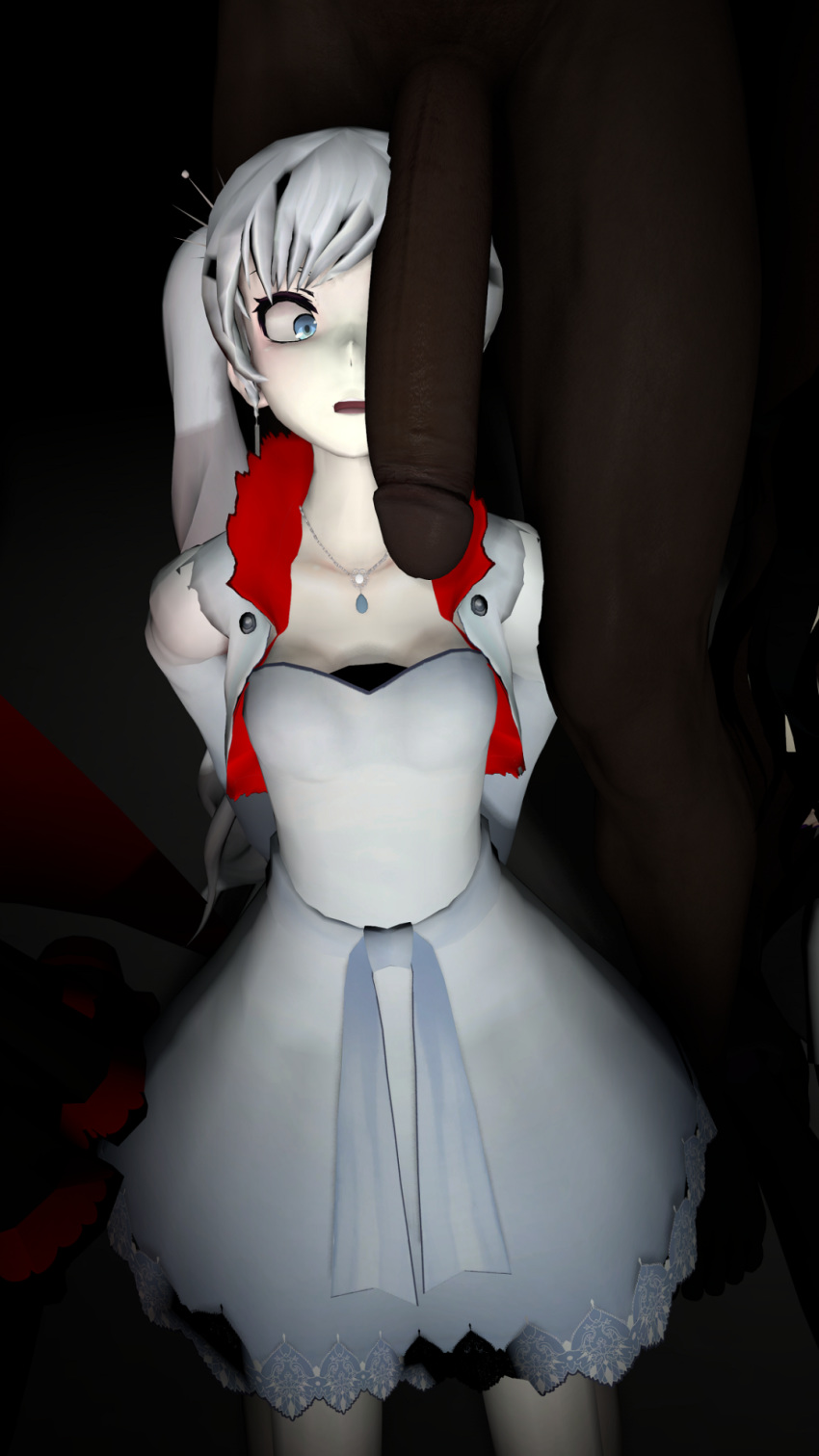 1boy 1girls 3d blue_eyes clothed_female_nude_male dark-skinned_male dress huge_penis interracial mobface nude penis penis_awe penis_on_face rwby standing straight vale_outfit weiss_schnee weiss_schnee_(vale) white_hair