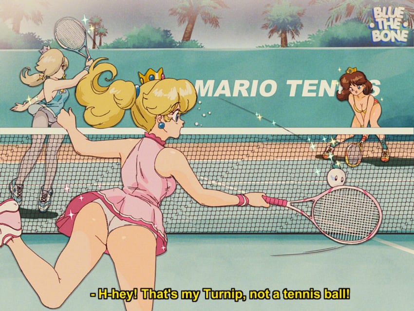 bluethebone cleavage female_only mario_(series) mario_tennis medium_breasts multiple_girls nintendo panties princess_daisy princess_peach princess_rosalina retro_artstyle skirt_lift sports tennis tennis_uniform upskirt