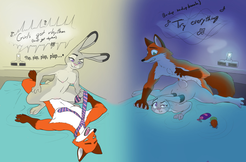 2017 anal anthro buttplug canine colored cowgirl_position crying dimples_of_venus disney duo english_text female fox fur girl_on_top ipod judy_hopps lagomorph lube male mammal medium_breasts mrponeswildride musical_note nick_wilde nude on_top penetration purple_eyes pussy rabbit sex sex_toy simple_background straight tears text tie_pull vaginal_penetration zootopia