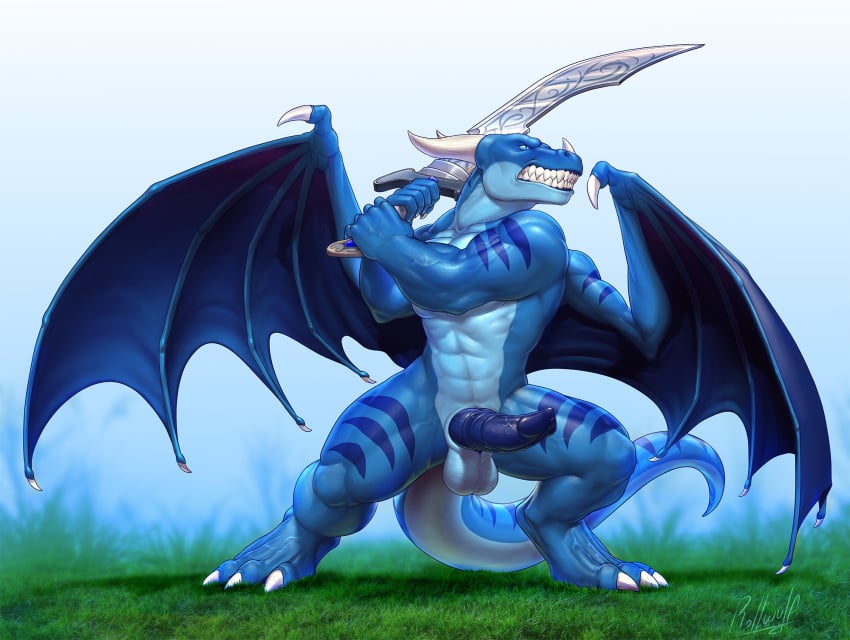 2017 animal_genitalia anthro dragon erection field full_length grass holding_object holding_weapon male male_only melee_weapon membranous_wings penis rollwulf scalie simple_background solo standing swinging sword tabra training weapon wings