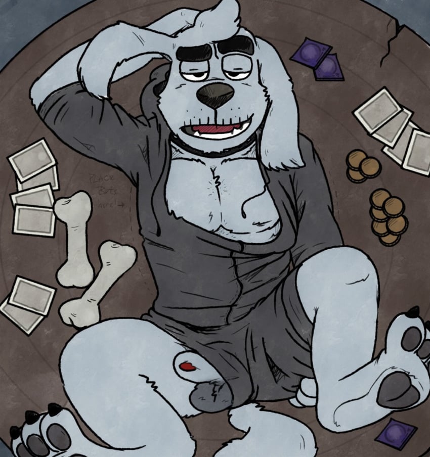 animal_genitalia balls bowserboy101 canine card card_game clothing detailed_background dogamy first_person_view gaming gay half_naked hi_res hoodie looking_at_viewer male male_only mammal penis penis_tip poker presenting royal_guard_(undertale) sheath simple_background solo table undertale underwear video_games