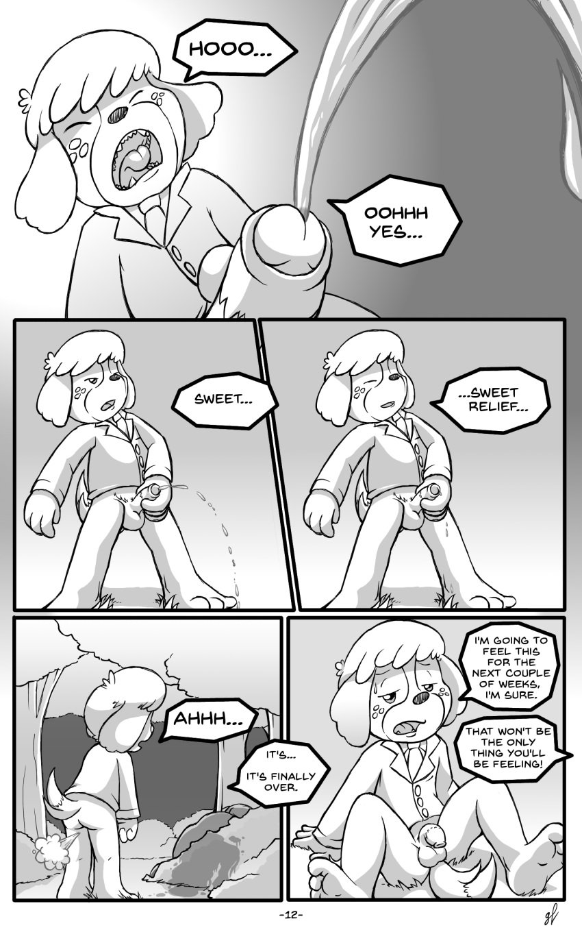 animal_crossing anthro balls bottomless canine canine clothed clothing comic conditional_dnp digby_(animal_crossing) fart grumpyvulpix male mammal monochrome nintendo peeing penis urine video_games