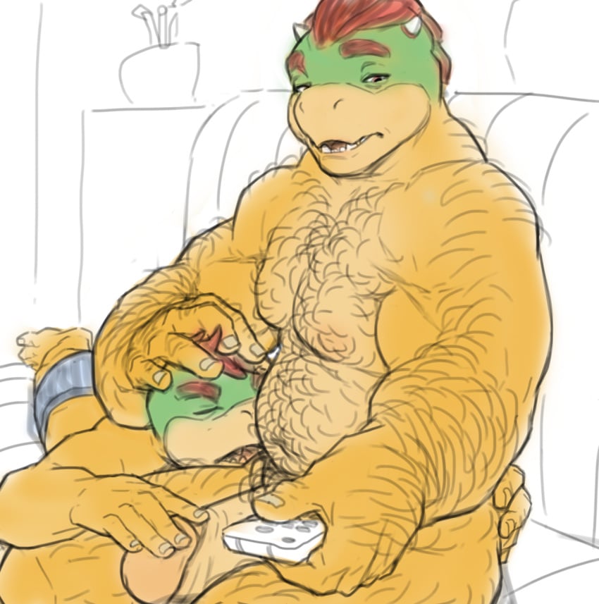 2boys balls blush body_hair bowser bowser_jr. clothing controller gay hairy incest indoors inside koopa lying male male_only mario_(series) multiple_boys muscular nintendo on_stomach open_mouth penis remote_control rowf shorts sitting sofa video_games yaoi