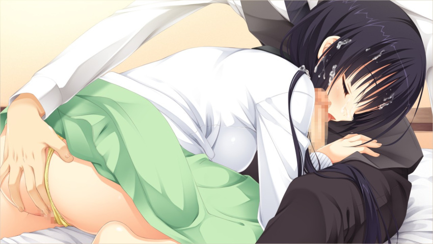 1boy amagiri_yune amairo_islenauts ass ass_grab barefoot black_hair blue_necktie blush censored closed_eyes cum cum_on_hair facial female fingering green_skirt grey_pants hand_on_another's_thigh head_out_of_frame indoors licking_penis long_hair long_sleeves mosaic_censoring muririn necktie no_legwear on_bed panties pants penis profile saginomori_tooru shirt sitting sitting_on_bed skirt skirt_lift solo_focus striped striped_necktie thong underwear waistcoat wariza white_shirt yellow_panties