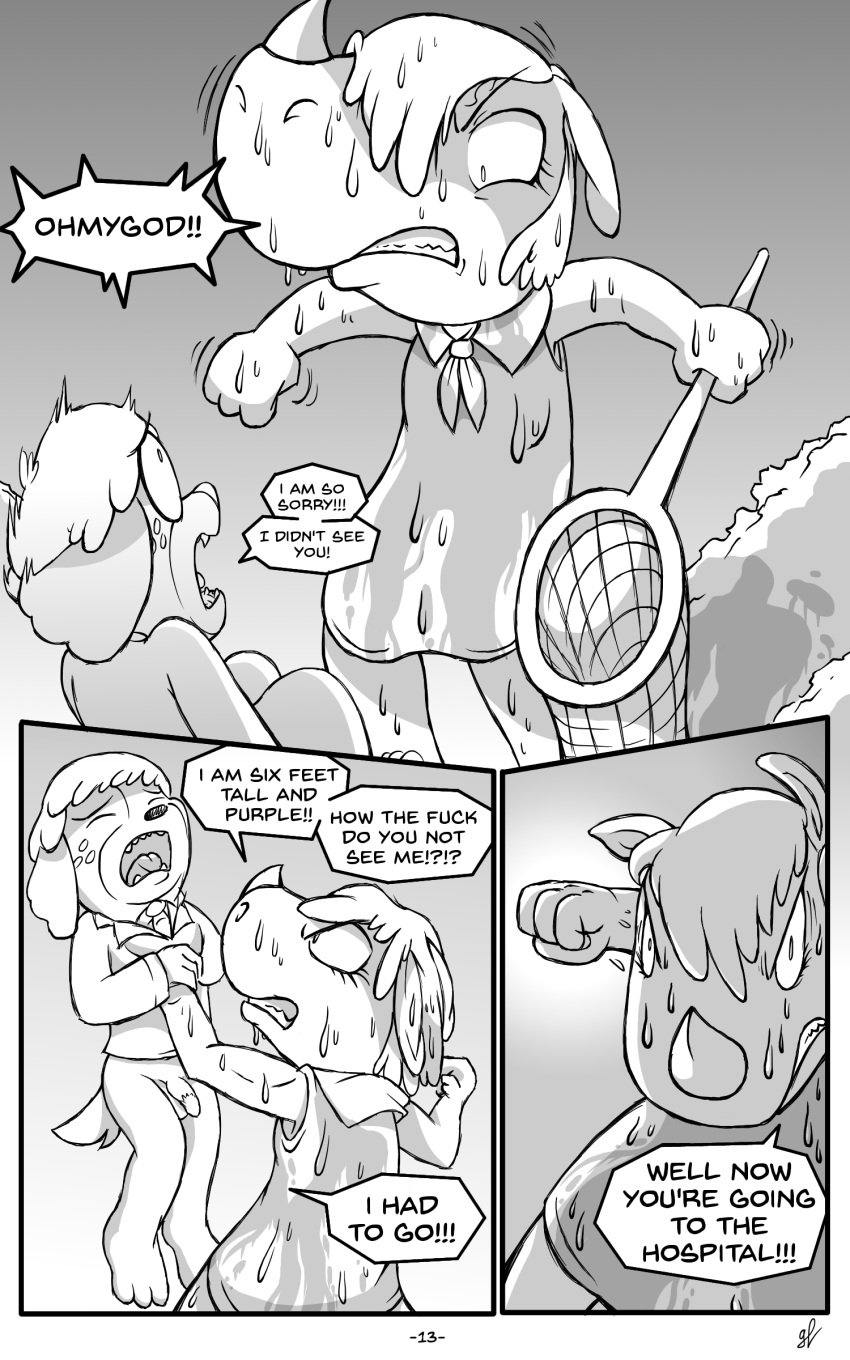 animal_crossing anthro balls bottomless canine clothed clothing comic digby_(animal_crossing) female grumpyvulpix male mammal monochrome nintendo peeing penis renee_(animal_crossing) rhinoceros urine video_games