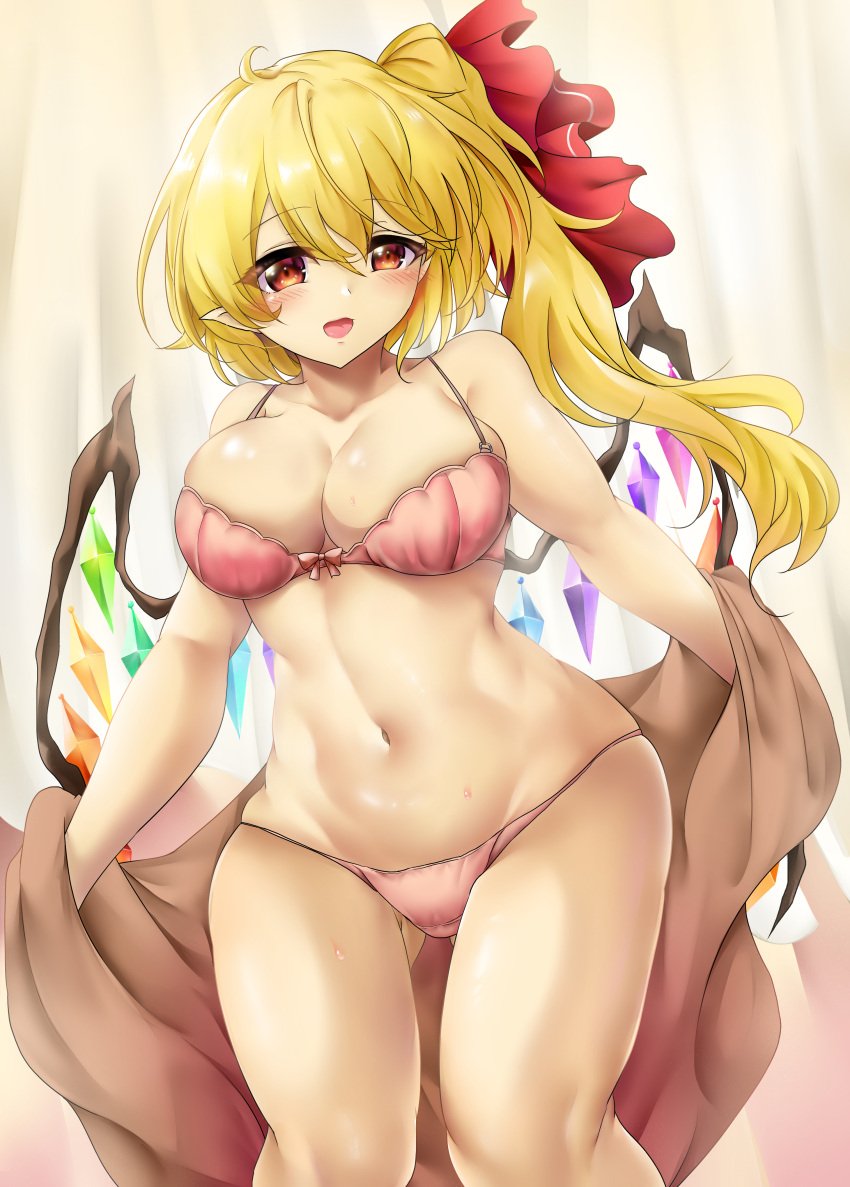 1girls absurdres blonde_hair bow bow_bra bra breasts cleavage crystal_wings flandre_scarlet hair_ribbon hi_res highres large_breasts long_hair looking_at_viewer navel one_side_up pants pink_bra pink_pants pointy_ears poke200 red_eyes red_ribbon ribbon side_ponytail solo sweat touhou underwear