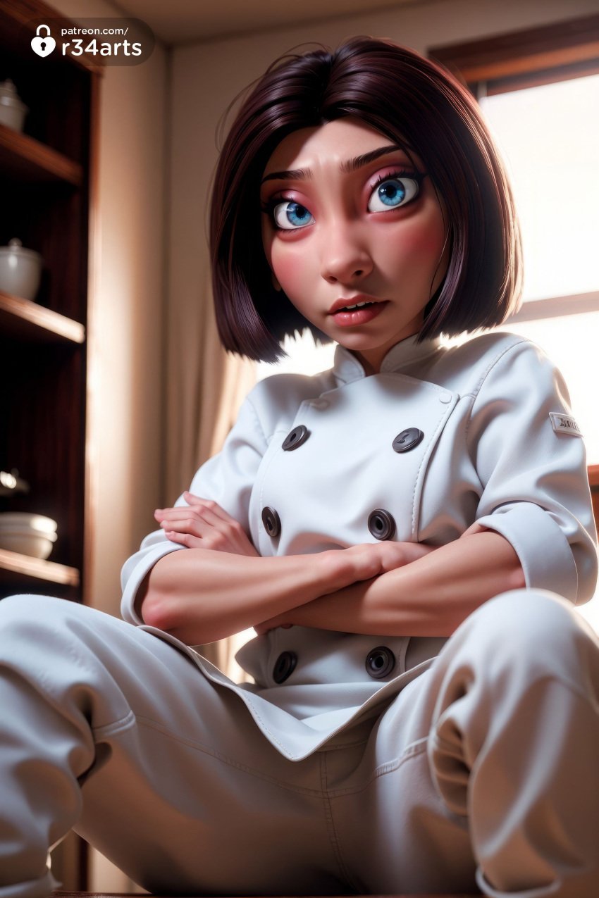 1girls ai_generated artist_name black_hair blue_eyes brown_hair buttons chef colette_tatou crossed_arms disney hi_res indoors lips looking_at_viewer nose pants pixar r34arts ratatouille short_hair sitting solo spread_legs