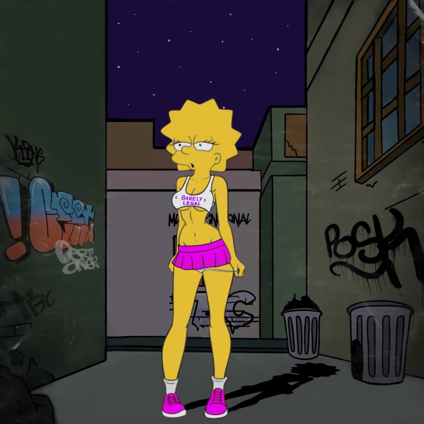 alley bitch croc_(artist) dark_alley female graffiti graffiti_on_wall lisa_simpson panties panties_down prostitute prostitution slut the_simpsons waiting_for_sex whore yellow_body yellow_hair yellow_skin young younger_female