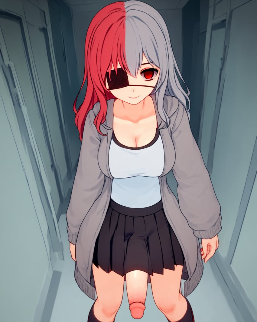 1futa 1girls ai_generated black_eyepatch cleavage emily_(osmondai) eyepatch fishnets futanari gray_hair gray_hoodie hands_in_pockets highres hoodie imminent_sex large_breasts large_penis looking_at_viewer medical_eyepatch oc_(osmondai) original original_character osmondai penis penis_under_clothes penis_under_skirt pleated_skirt red_eyes red_hair skirt smile solo split-color_hair stable_diffusion tank_top two-tone_hair white_hair