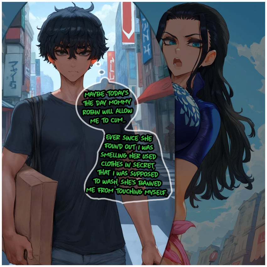 ai_generated aipotions big_breasts femdom imminent_humiliation loser nico_robin one_piece text