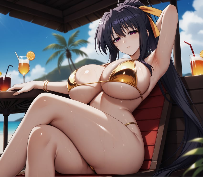 1girls ai_generated akeno_himejima beach big_breasts black_hair breasts female female_focus female_only gold_bikini high_school_dxd huge_breasts large_breasts long_hair looking_at_viewer ponytail purple_eyes