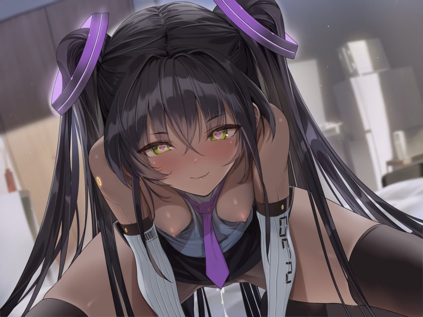 absurdres after_sex after_vaginal bare_shoulders bed black_hair black_thighhighs blush breasts closed_mouth cowgirl_position cum dark-skinned_female dark_skin elbow_gloves female gloves green_eyes hair_between_eyes hair_ornament halo heart heart-shaped_pupils highres indoors kaede_(sayappa) large_breasts long_hair looking_at_viewer necktie nipples non-web_source on_bed original ponytail sex shirt small_breasts smile solo spread_legs sweat symbol-shaped_pupils thighhighs thighs twintails very_long_hair white_gloves yellow_eyes