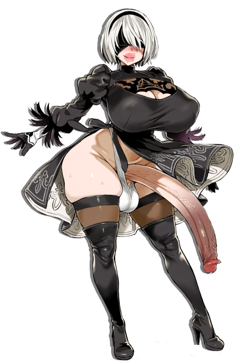 ai_assisted big_breasts big_hips big_lips big_penis black_dress futanari high_heels nier:_automata penis short_hair sultrybunny thigh_high_boots thigh_high_stockings transparent_background uncensored white_hair yorha_2b