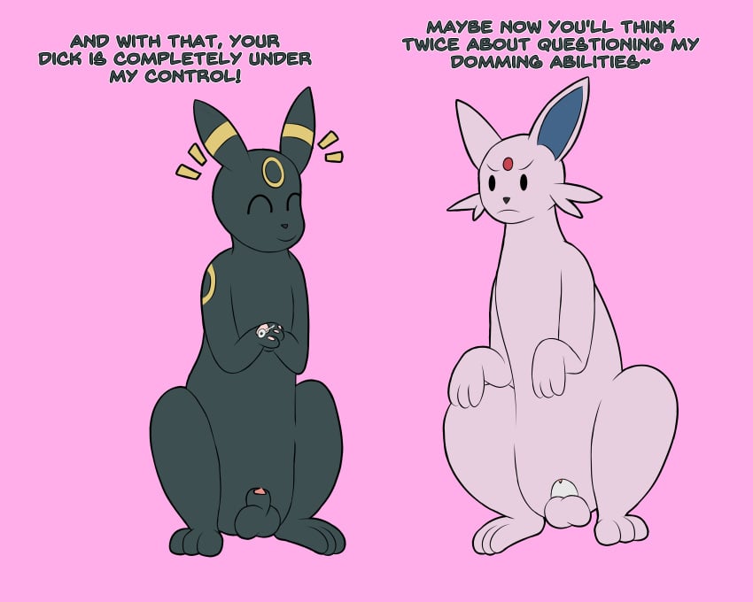 absurd_res animal_genitalia annoyed balls chastity_cage chastity_device dialogue duo eeveelution espeon feral generation_2_pokemon genitals hi_res key male nintendo onesaucydragon pokemon pokemon_(species) sheath sitting umbreon