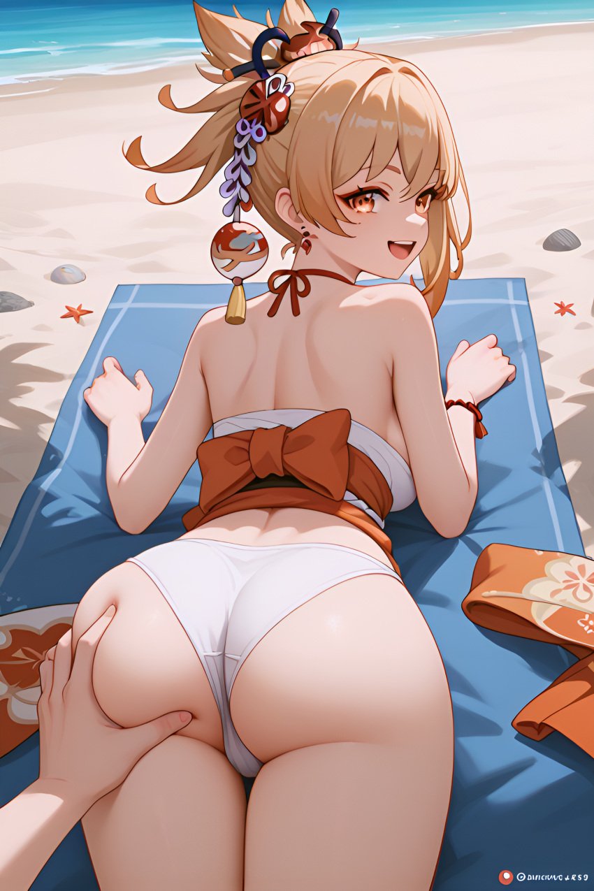 1girls ai_generated arm_tattoo bandages bangs big_ass big_breasts big_butt bikini blonde_female blonde_hair blonde_hair genshin_impact groping hair_ornament high_resolution highres hoyoverse jasse looking_at_viewer molestation tagme yoimiya_(genshin_impact)