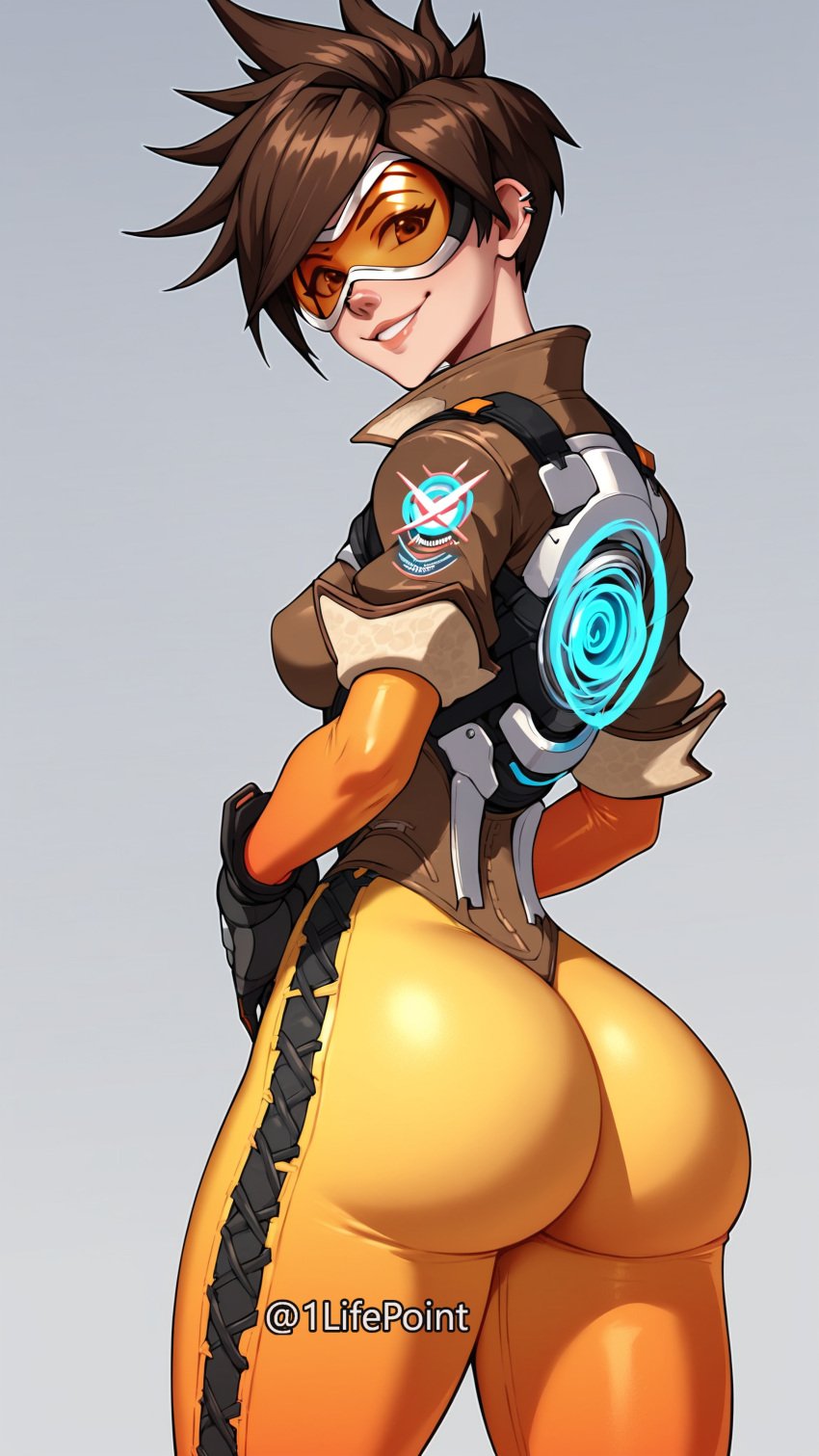 1lifepoint ai_generated ass big_ass bubble_butt dat_ass from_behind highres leggings looking_at_viewer looking_back overwatch overwatch_2 short_hair smile thin_waist tomboy tracer