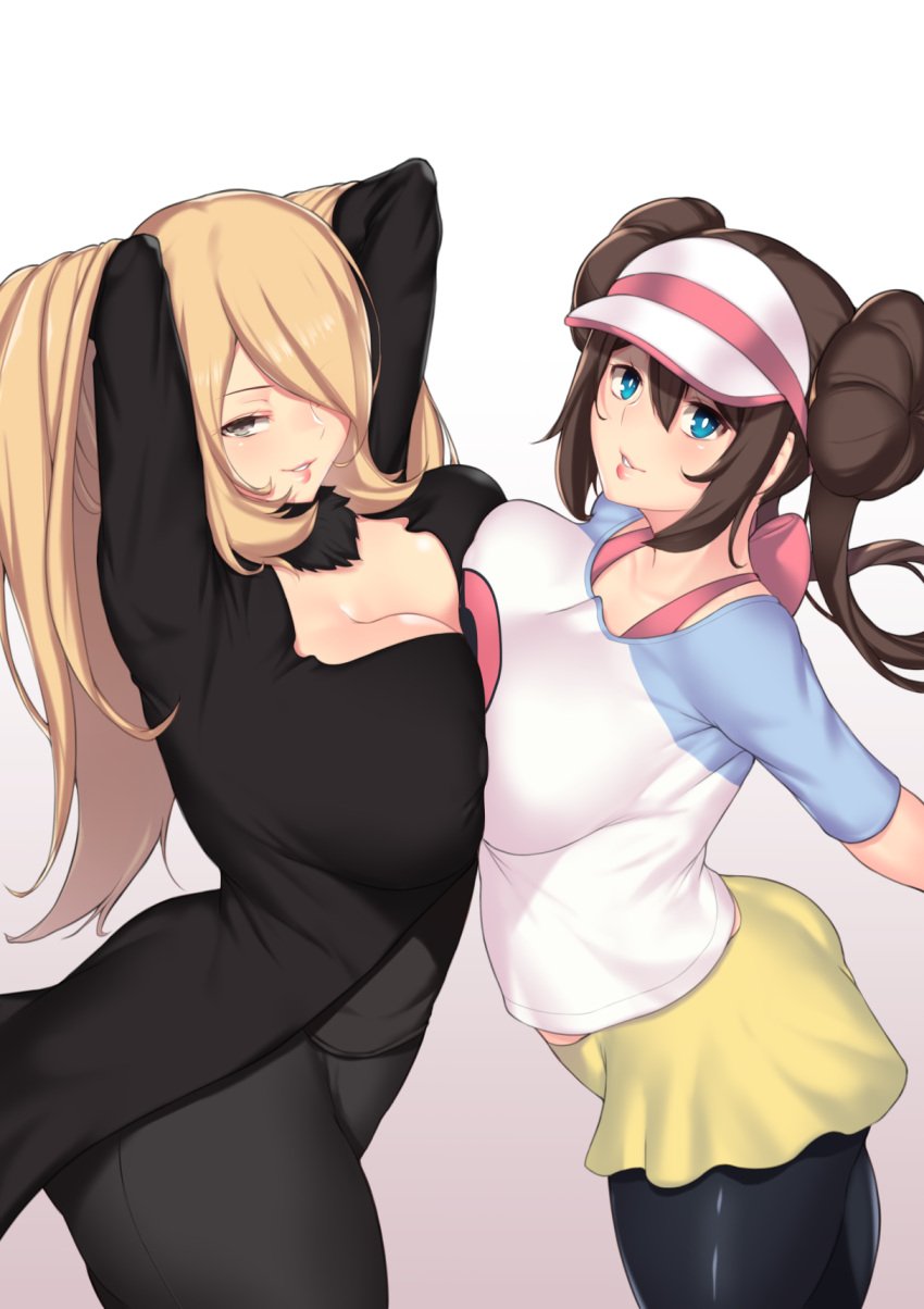 2girls alternate_breast_size aster_crowley big_breasts black_clothes blonde_hair blue_eyes breast_press breasts brown_hair cleavage commentary cynthia_(pokemon) double_bun frilled_shorts frills grey_eyes hair_bun hair_over_one_eye highres large_breasts looking_at_viewer multiple_girls pantyhose pantyhose_under_shorts pokemon pokemon_bw2 pokemon_dppt pokemon_masters_ex rosa_(pokemon) shorts simple_background smile symmetrical_docking twintails visor_cap white_background yellow_shorts yuri